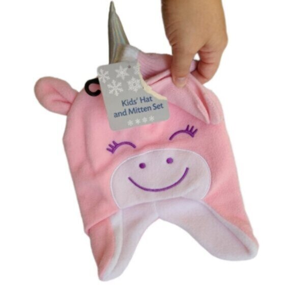 Kids Girls Pink Unicorn Fleece Warm Fall Winter Hat and Glove Mitten Set - Picture 2 of 7